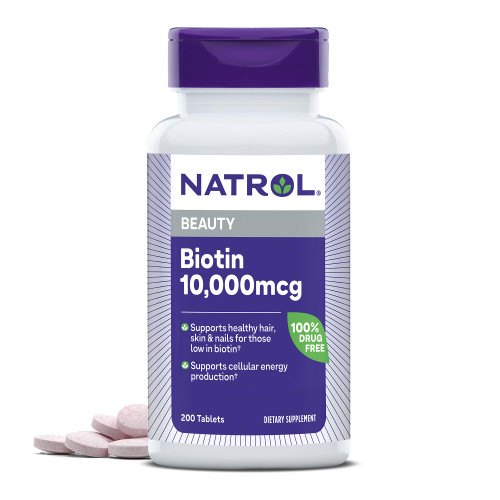 Natrol Biotin 10000mcg, Supplement for Healthy Hair, Skin and Nails for Those Low in Biotin, Plus Energy Metabolism Support, 200 Tablets, Up to a 200 Day Supply