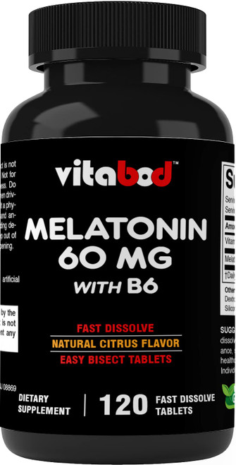 Vitabod Melatonin 60 mg with Vitamin B6 – 120 Fast Dissolve Tablets Extra-Strength Sleep Support – Drug-Free – Natural Citrus Flavor – Vegetarian, Non-GMO, Gluten-Free