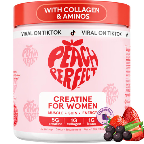 Peach Perfect Creatine Blend for Women – Micronized Creatine Monohydrate with BCAA & Collagen for Glute Strength Support – Strawberry Acai – 30 Servings