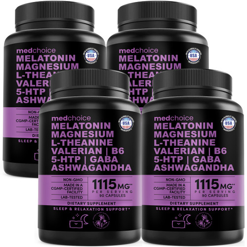 12-in-1 Melatonin Sleep Capsules - Natural Sleep Aids for Adults with Melatonin 5mg and Magnesium Glycinate 500mg, Sleep Aid with Ashwagandha, L Theanine, Valerian Root, GABA, 5-HTP (90ct, Pack of 4)