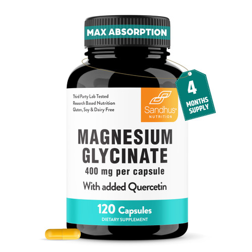Magnesium Glycinate 400mg High Absorption Capsules with Quercetin | Quality Sleep, Relaxation & Muscle Health Supplement for Women and Men | Chelated Magnesium 120 Count (Pack of 1) | Easy to Swallow