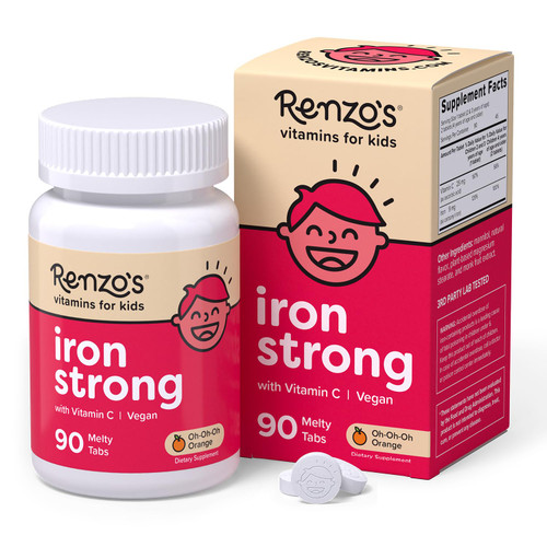 Renzo's Iron Supplements for Kids, Dissolvable Vegan Iron Supplement with Vitamin C, Sugar Free, Oh-Oh-Oh Orange Flavor, 90 Melty Tabs