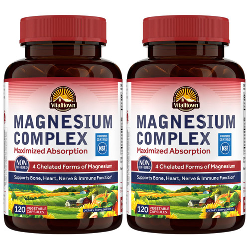 Vitalitown Magnesium Complex Supplement 500mg - NSF Certified Magnesium Glycinate, Malate, Taurate & Citrate - Chelated High Absorption & Gentle on Stomach - Vegan Non-GMO 2 Packs 240 Capsules