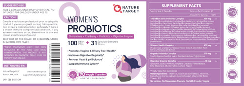 NATURE TARGET Probiotics for Women, 100 Billion CFUs Probiotic with Digestive Enzymes & Prebiotics, Vaginal Probiotics with Cranberry for Urinary Tract Health, pH Balance, 90 Veggie Capsules
