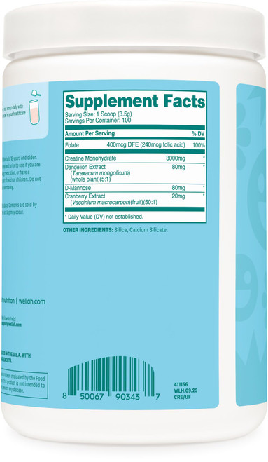 Wellah Creatine for Women - Creatine Monohydrate with Dandelion & Cranberry Extract (100 Servings, Unflavored)