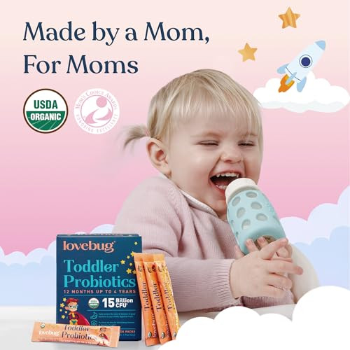 LOVEBUG Kids Probiotic Powder with Prebiotic Fiber - Toddler Immunity Support & Constipation Relief - USDA Organic Probiotics for Childrens Gut & Digestive Health (Ages 1-4) - 60 Pack (Unflavoured)