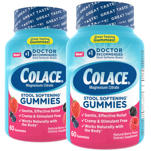 Colace Stool Softener Gummies, Gentle Dependable Constipation Relief Magnesium Citrate Gummies, No.1 Doctor Recommended Stool Softener Brand, Berry Flavored 60ct (Pack of 2)