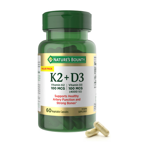 Nature’s Bounty Vitamin D3 K2 Supplement, 4000 IU Vitamin D3 plus 100 mcg of Vitamin K Supplements for Adults for Heart & Bone Health Support, 60 Day Supply, 60 Vegetarian Capsules