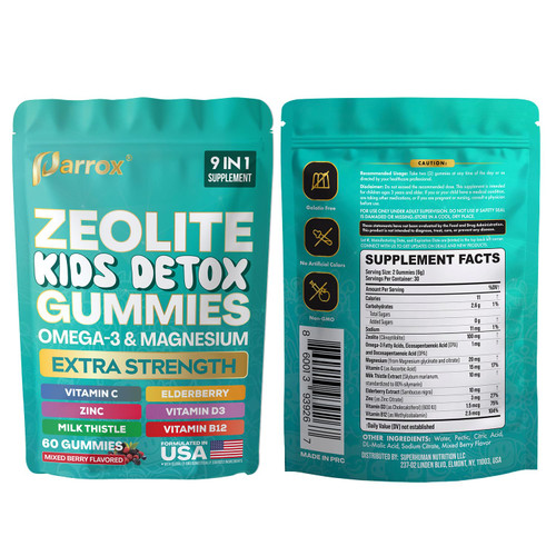 Parrox Zeolite Kids Gummies, 9-in-1 with Zeolite, Omega-3, Magnesium, Elderberry, Vitamin C, Milk Thistle, Vitamin D3, Zinc, B12 – Sugar-Free (60 Gummies – Mixed Berry Flavor)