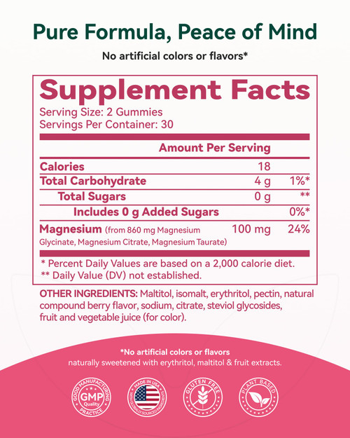 Magnesium Glycinate Plus Gummies 860mg, Sugar-Free, Non-GMO, Gluten-Free, Magnesium Gummies for Adults & Kids, Sleep, Relaxation & Focus, Magnesium Supplement for Women, Mixed Berry Flavor, 60 Count
