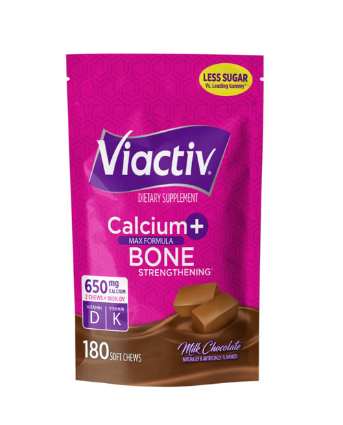 Viactiv Calcium + Vitamin D Supplement Soft Chews for Women & Men - Chewable Calcium for Bone Health Support, 650 mg per Serving, Vitamin D & K for High Absorption - 180 Count, Milk Chocolate
