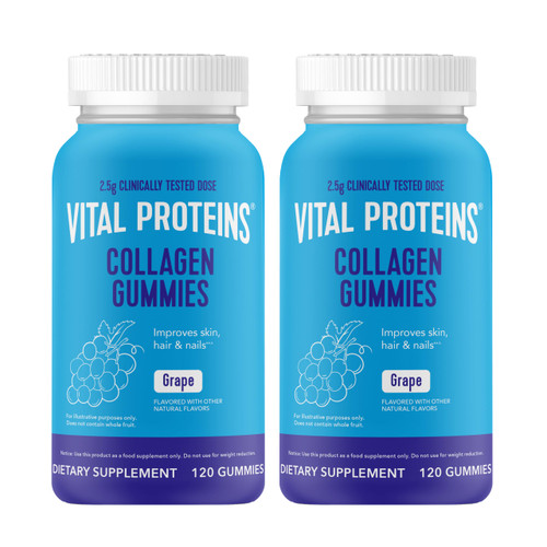 Vital Proteins Collagen Gummies, 2.5g of Clinically-Tested Collagen for Hair, Skin, Nails & Wrinkles, 120 ct Bottle, Pack of 2, Grape Flavor
