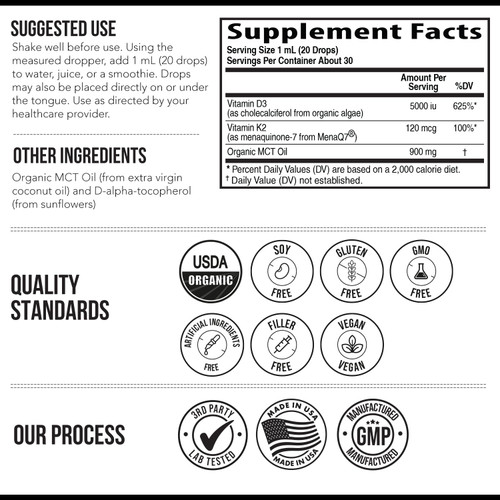 Organic Plant D3 + K2 (5000 iu D3) - All-Trans MK7 from MenaQ7 (120 mcg K2) - 100% Organic & Plant-Based Sublingual D3 Drops (Cholecalciferol), 100% Vegan - Supports Immunity, Bone(1oz)