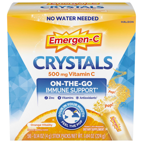Emergen-C Crystals, On-the-Go Emergen-C Immune Support Supplement with Vitamin C, B Vitamins, Zinc and Manganese, Orange Vitality - 56 Stick Packs