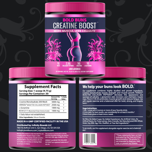 Bold Buns Creatine for Women – Booty Builder Supplement with Collagen & BCAA – Supports Muscle Development, Post-Workout Recovery, Skin Elasticity, Healthy Hair & Nail | Unflavored – 30 Servings