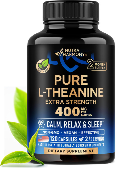 L Theanine 400 mg | L-Theanine Stress Relief | Extra Strength Supplement | Made in USA | Relaxation, Sleep & Calm Support | For Men & Women | Plant Based, Non-GMO & Gluten-Free | 120 Vegan Capsules