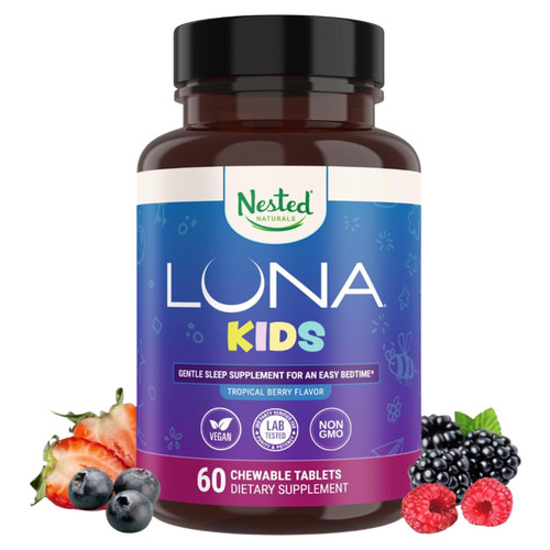 Nested Naturals Luna Kids Sleep Aid Tablets for Children 4+ - Naturally Sourced Ingredients - Gentle, Herbal Sleep Supplement with Chamomile, Melatonin, Valerian & Lemon Balm - 60 Chewable Tablets