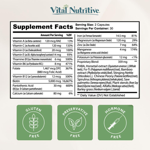 VITAL NUTRITIVE Vital Hair Complex – Biotin & Vitamin B Hair Vitamins for Women & Men – Supports Healthy Hair, Skin & Nails – Hormone-Free, Gluten-Free – Hair Supplement for Women & Men