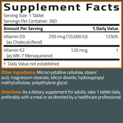 Bronson Vitamin K2 (MK7) with D3 Supplement Extra Strength 2 in 1 Support, 10,000 IU Vitamin D3 & 120 mcg K2 MK-7, 360 Tablets