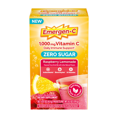 Emergen-C Zero Sugar 1000 mg Vitamin C Powder for Daily Immune Support Caffeine Free Vitamin C Supplements with Zinc and Manganese, B Vitamins and Electrolytes, Raspberry Lemonade Flavor - 36 Count