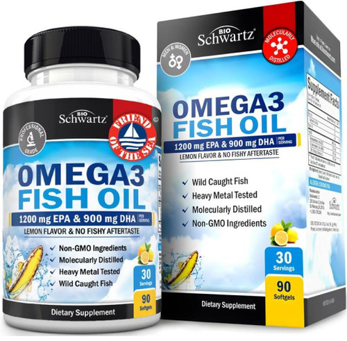 Triple Strength Omega 3 Fish Oil 3000mg - High Potency Omega 3 Supplement for Women and Men, Burpless Lemon Flavor Fish Oil - 2250mg Essential Fatty Acids with DHA & EPA, Wild Caught, 90 Softgels