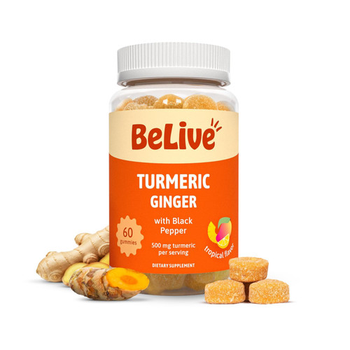 BeLive Turmeric Gummies - Curcumin with Black Pepper & Ginger Extract - 500 mg of Turmeric and Ginger Supplement for Immune Support, Healthy Skin, and Mobility - Tropical Flavor | 60 Count