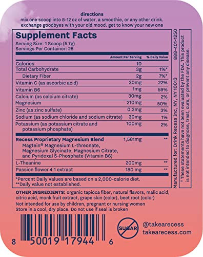 Recess Mood Powder, Magnesium L-Threonate Blend with Passion Flower, L-Theanine, Electrolytes, Magnesium Calm Support Powder Supplement - Gradient Berry 28 Serving Tub