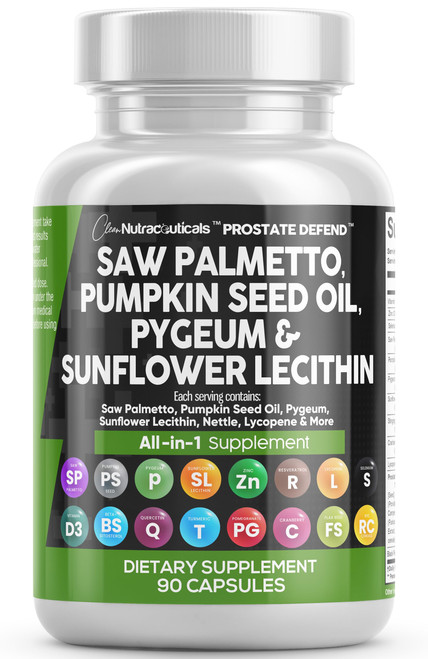 Clean Nutraceuticals Saw Palmetto Pumpkin Seed Oil Pygeum Sunflower Lecithin Stinging Nettle Cranberry - Prostate Supplements for Men with Lycopene - 90 Caps