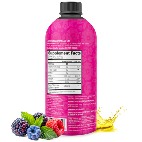 Zena Nutrition Liquid Collagen for Women & Men (Type 1 & 3) & 5000mcg Biotin, 2500mg Verisol Bioactive Collagen Peptides, Hair, Skin, Nail Supplement, Mixed Berry, 60 Servings, 20.3 fl oz