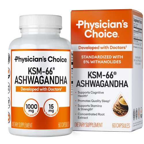 Physician's CHOICE KSM-66 Ashwagandha Root Powder Extract 1,000mg - Organic - with Black Pepper for Maximum Absorption - 5% Withanolides - Stress, Mood & Athletic Support - 60 Vegan Capsules