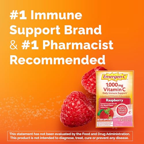 Emergen-C 1000mg Vitamin C Powder, with Antioxidants, B Vitamins and Electrolytes, Vitamin C Supplements for Immune Support, Caffeine Free Drink Mix, Raspberry Flavor - 60 Count/2 Month Supply