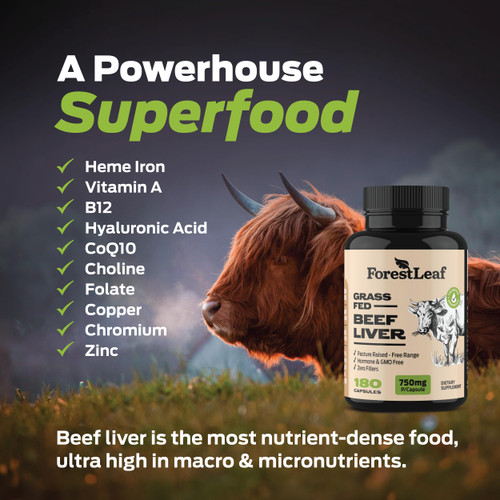 ForestLeaf Grass Fed Beef Liver Capsules, 3000mg Per Serving, Supports Immunity & Body Wellness, Cleansing, Digestion, Natural Iron, Vitamin A and B12, Freeze Dried Beef Liver Supplement, 180 Caps