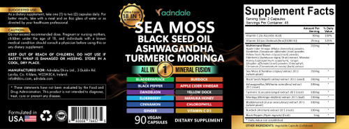 Adndale Sea Moss Black Seed Oil Ashwagandha Ginger Capsules. SeaMoss Capsules with Black Seed Oil, Ashwagandha, Turmeric, Moringa, Bladderwrack, Burdock Root, Manuka Honey, Cinnamon