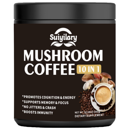 Suiyilary Mushroom Coffee, 10 Mushroom Extract Powder Blend Lion's Mane, Reishi, Chaga, Cordyceps, Turkey Tail, Brain Supplements with Instant Coffee for Energy, Focus, Memory and Immunity 300g
