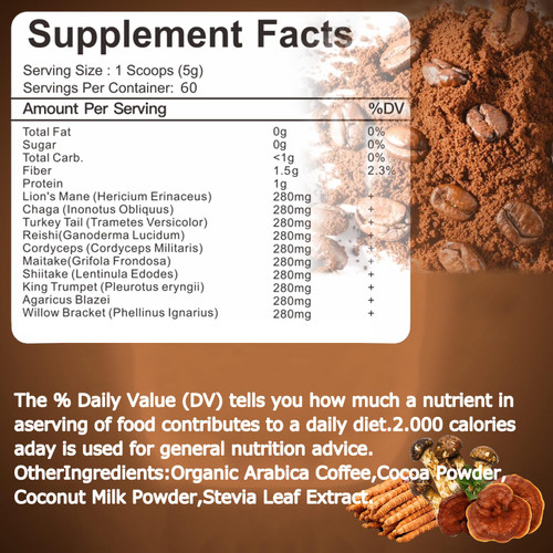 Suiyilary Mushroom Coffee, 10 Mushroom Extract Powder Blend Lion's Mane, Reishi, Chaga, Cordyceps, Turkey Tail, Brain Supplements with Instant Coffee for Energy, Focus, Memory and Immunity 300g