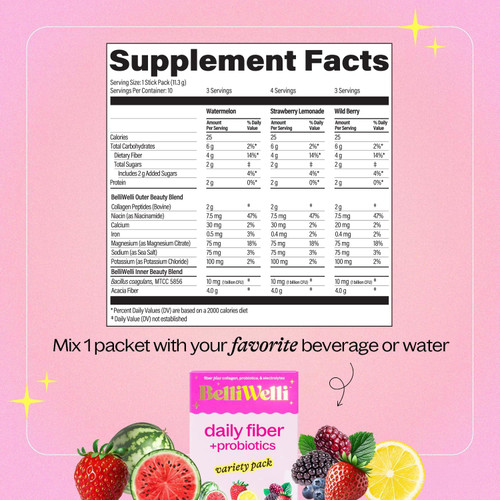 Belli Welli Daily Fiber Supplement Packets with Collagen, Probiotics & Electrolytes | Single Serve Packets for Gut Health, Digestion & Debloating | Variety | 10 Count