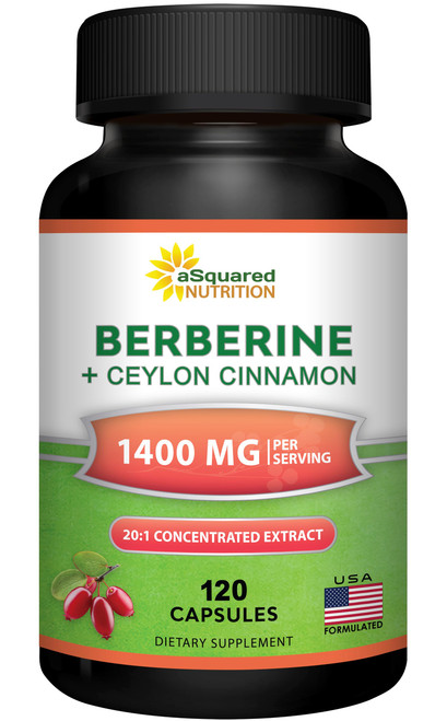 aSquared Nutrition Berberine with Ceylon Cinnamon Supplement - 1400mg Max Strength Complex - 120 Capsules - 1200mg HCl Powder Extract Plus Pills - Alternative to Gummies & Drops