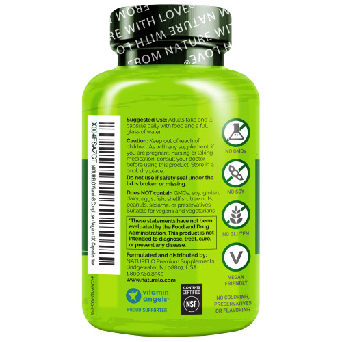 NATURELO Vitamin B Complex,120 Capsules, Vegan, CoQ10, Methyl Folate, Biotin, Fruit & Veg Blend, Supports Energy and Healthy Stress Response, Super B Complex Vitamins for Women and Men