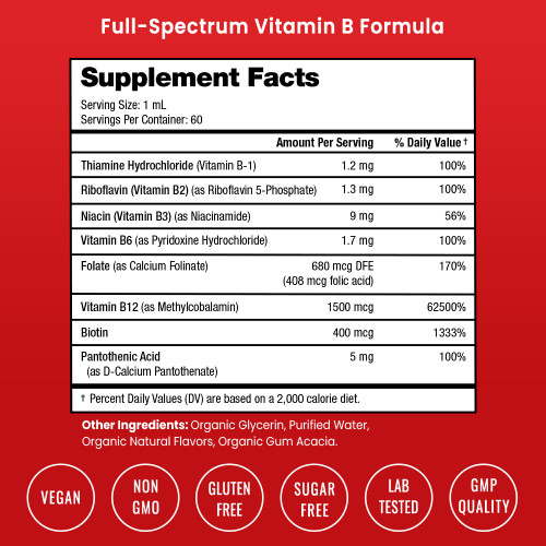 USDA Organic Vitamin B Complex Liquid Drops Sublingual B12 Methycobalamin | B1, B2, B3, B5, B6, B7, B9 | Methylated B Vitamins Complex for Women & Men | Biotin, Niacinamide, Folate & Folic Acid, 2oz