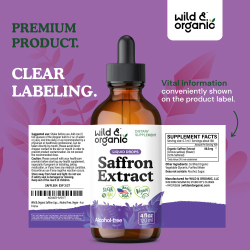 Wild & Organic Saffron Supplements 88.5 mg - 5-Month Supply - Saffron Extract Drops for Mood, Focus, Eye Support - Crocus Sativus Liquid Extract - Vegan, Alcohol & Sugar-Free Tincture - 4 fl oz