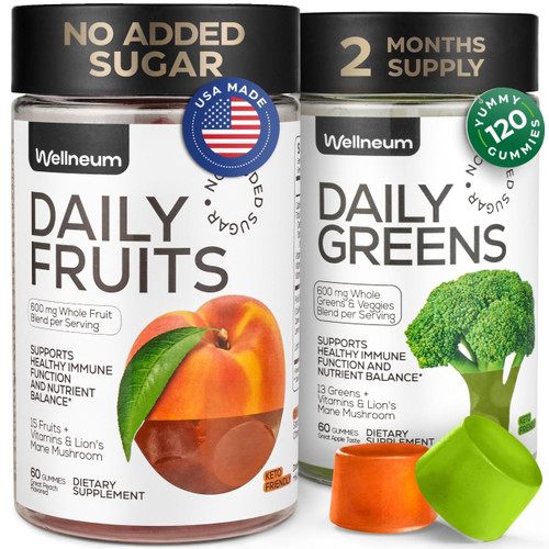 Super Greens + Super Fruits Gummies (Fruits/Greens Powder in Gummies Form) - 600mg Greens Blend + 600mg Fruits Blend for Immune Support, Sugar Free, Vegetarian, Non-GMO, 2-Pack (120 Gummies)