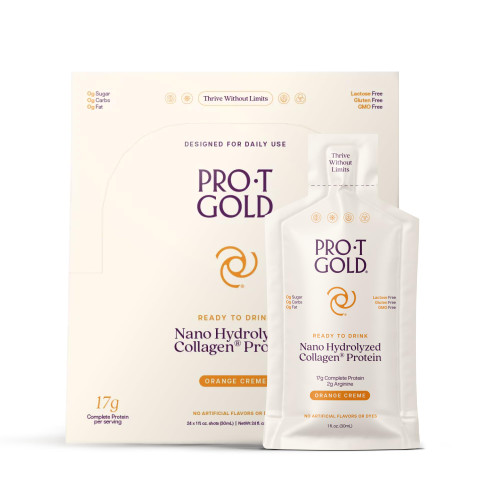 ProT Gold Liquid Collagen Protein Shot, 17g Clear Protein Nano-Hydrolyzed Grass Fed Collagen, 2g Arginine for Wound Support, Gluten Free, Sugar Free, 0g Carbs, Orange Creme, 1 fl oz, 24 Pack