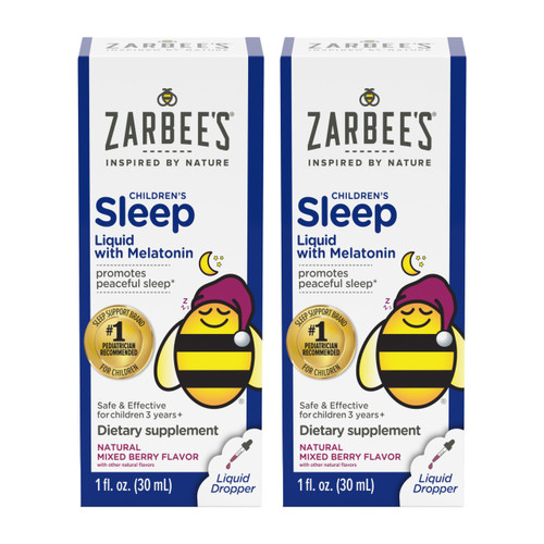 Zarbee's Kids Sleep Supplement Liquid with 1mg Melatonin; Drug-Free & Effective; Easy to Take Natural Berry Flavor for Children Ages 3 and Up; 1 Fl Oz Bottles, Pack of 2