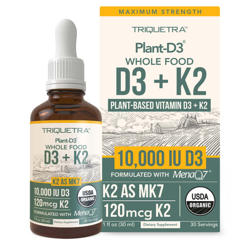 Organic Plant D3 K2 vitamin 10000 iu - All-Trans MK7 from MenaQ7 (120 mcg K2) - 100% Organic & Plant-Based Sublingual D3 Drops 10,000 iu (Cholecalciferol), 100% Vegan - Supports Immunity, Bone, Brain