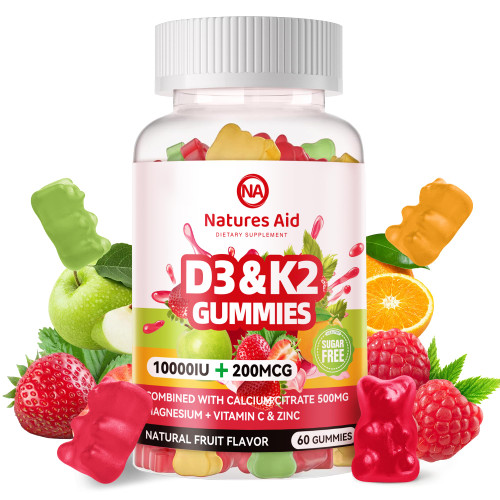 Natures Aid Sugar-Free Vitamin D3 K2 Gummies with Calcium + K2 (MK-7), Magnesium Citrate, Vitamin C, Extra Strength - Ultimate Absorption for Bone Muscle Teeth Immune, Vegan - 60 Gummies