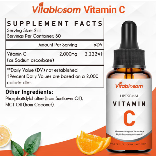 Vitablosom Liposomal Vitamin C 2000mg Liquid for Adults, High Absorption VIT C, Maximize Vitamin C, Immune System & Antioxidant Support, 60ML (2 Bottle)