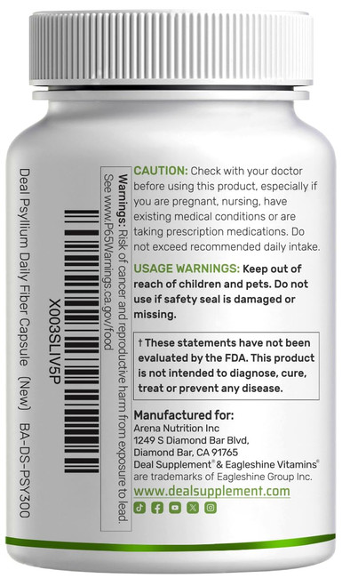 Psyllium Husk 1500mg Per Serving, 300 Capsules – 3 in 1 Fiber Supplement with Inulin & Acacia Complex – Natural Soluble Fiber, Supports Digestive Health* – Plant Based, Non-GMO