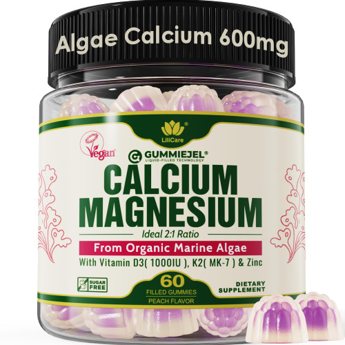 Plant Based Calcium Gummies 600mg with Vitamin D3 K2, Magnesium, Zinc for Bone Strength, Sugar Free Calcium Supplements for Women & Men (Certified Vegan) from Sustainably Organic Red Algae - 60 Counts