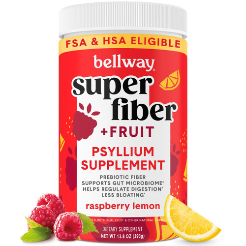 Bellway Super Fiber Powder + Fruit, Sugar Free Organic Psyllium Husk Powder Fiber Supplement for Regularity, Bloating Relief & Digestive Health, Plant-Based, Raspberry Lemon (50 Servings)
