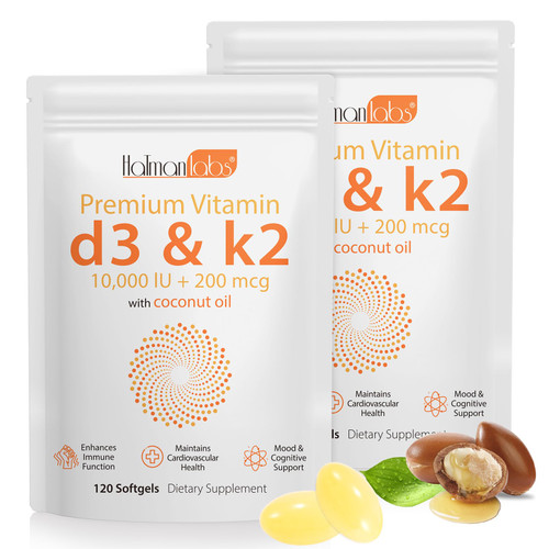 MXCZBSM 2 Bag Vitamin D3 K2 Supplement Softgel, Vitamin D3 K2 Softgel with 10000 IU Supports Immune, Heart, Teeth & Bone Health, Free of GMO, Gluten, Soy